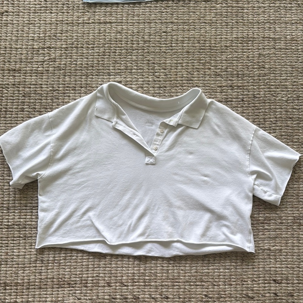 Aerie Offline Cropped Polo Shirt White Size Medium